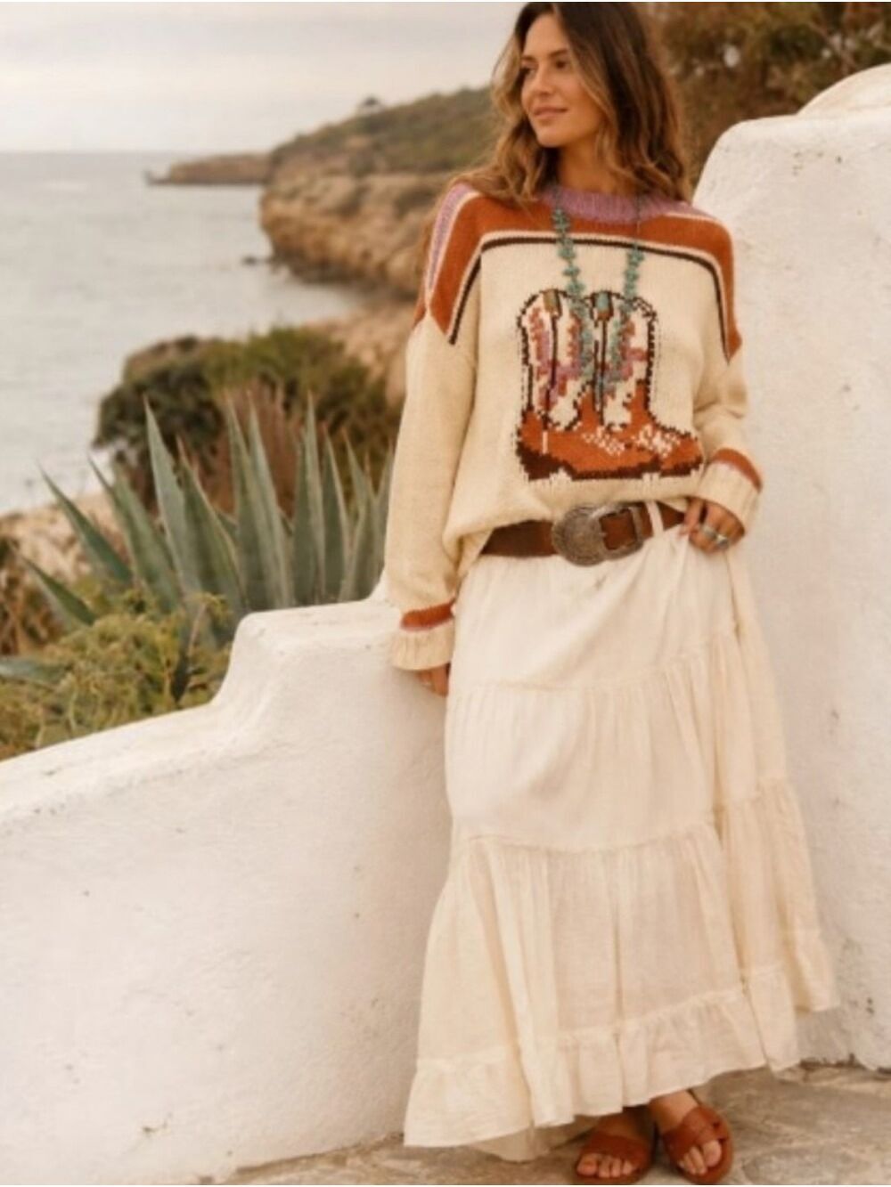 Lumiere Cowboy Boot Knit Sweater Cream Western Size Large NWT - Picture 10 of 10